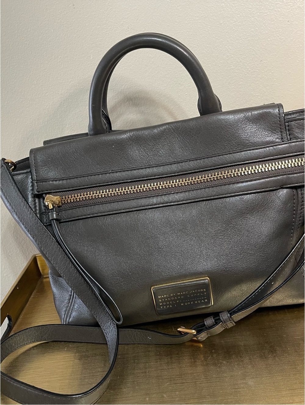 Marc by Marc Jacobs Charcoal Gray Leather Messenger Bag with Gold Hardware